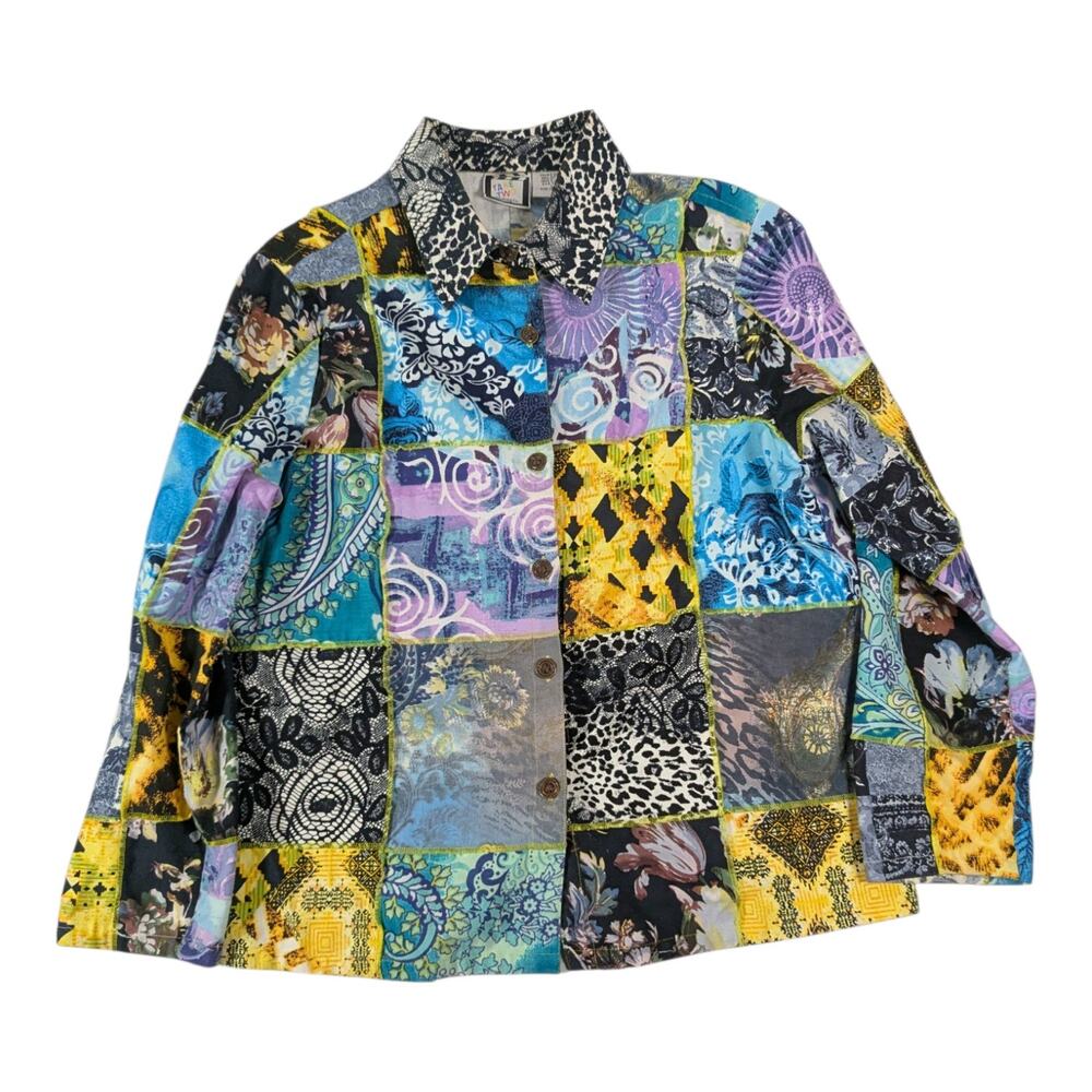 Vtg Y2K Take Two Maximalist Patchwork Button Up Textured Cotton Shirt Sz L